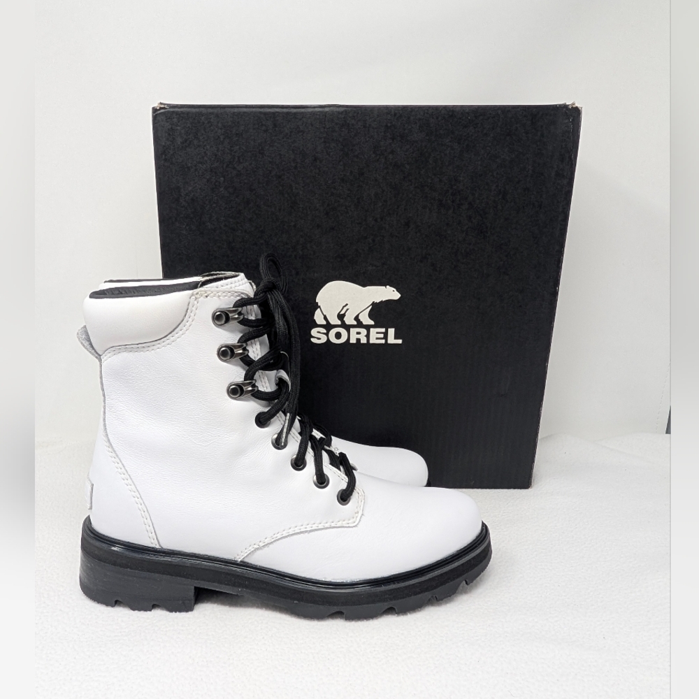 NWB! Women's Sorel Lennox White w/Black Genuine Leather WP Ankle Boots-Size 7.5